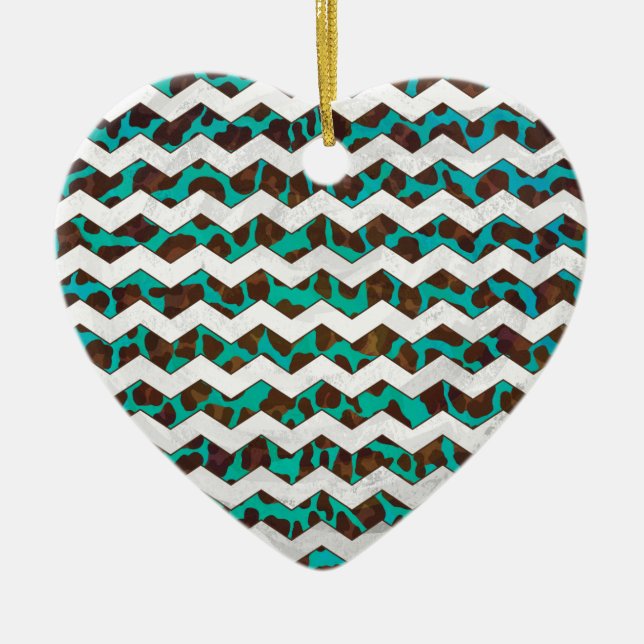Chevron Leopard Brown and Teal Print Ceramic Ornament (Front)