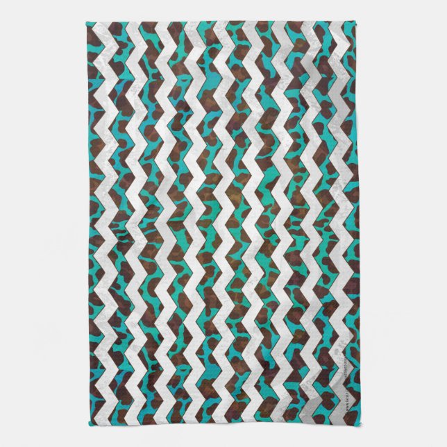 Chevron Leopard Brown and Teal Print Kitchen Towel (Vertical)