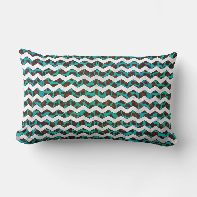 Chevron Leopard Brown and Teal Print Lumbar Pillow (Front)