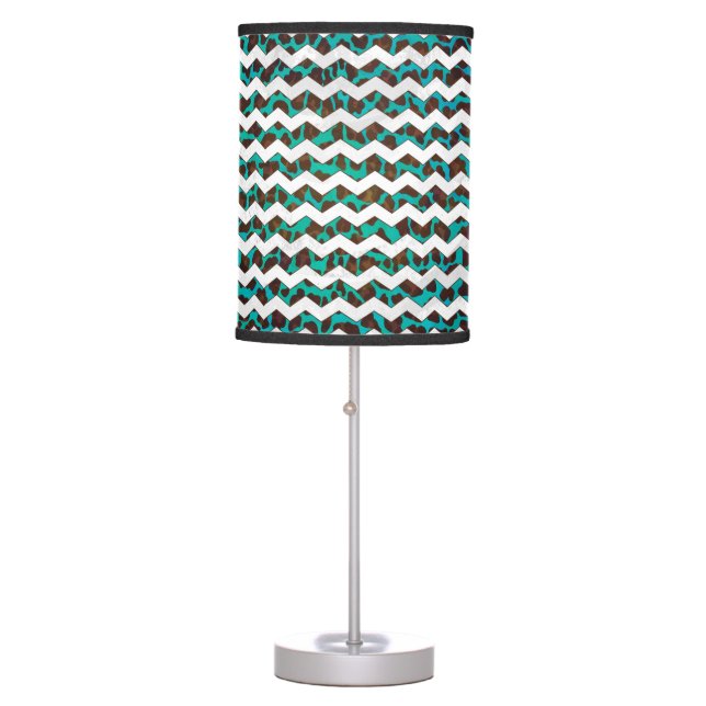 Chevron Leopard Brown and Teal Print Table Lamp (Front)