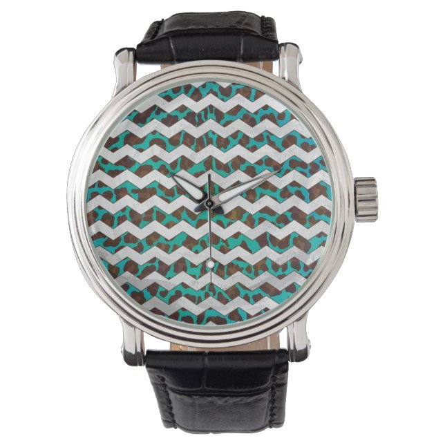 Chevron Leopard Brown and Teal Print Watch (Front)