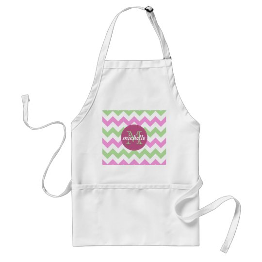 Chevron Light Pink Green Monogram Circle Stitches Adult Apron