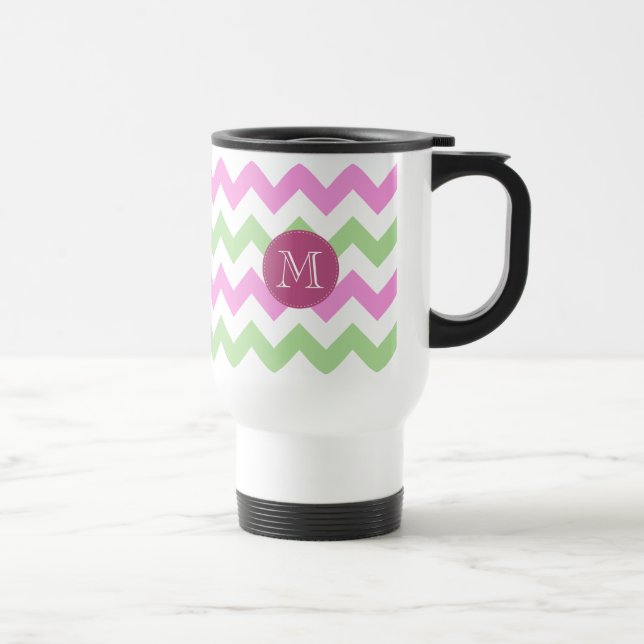 Chevron Light Pink Green Monogram Circle Stitches Travel Mug (Right)