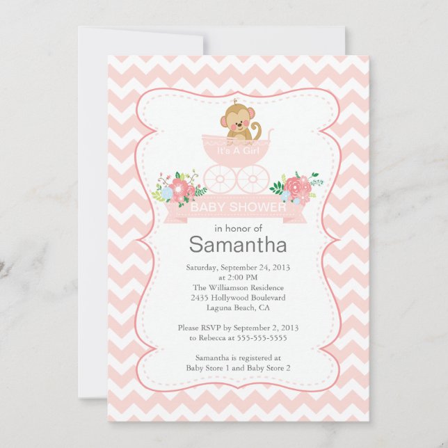 Chevron Monkey In Carriage Girls Baby Shower Invitation (Front)