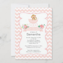 Chevron Monkey In Carriage Girls Baby Shower Invitation