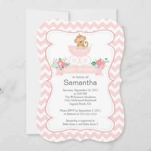 Chevron Monkey In Carriage Girls Baby Shower Invitation