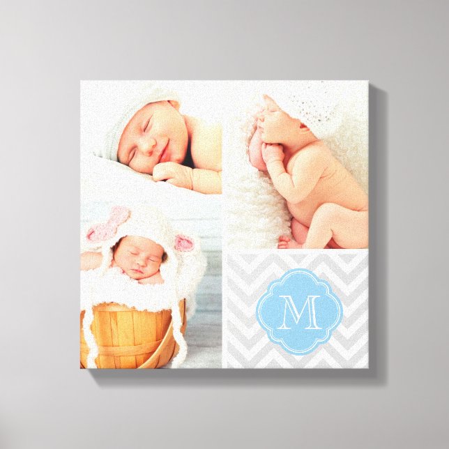 Chevron Monogram Baby Photo Collage Nursery Art Canvas Print (Front)