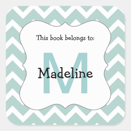 Chevron Monogram Book plate Sticker aqua