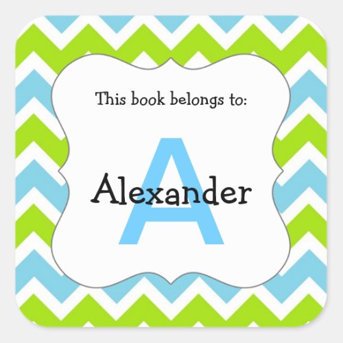 Chevron Monogram Bookplate Sticker blue green