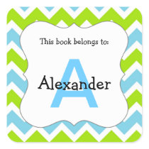 Chevron Monogram Bookplate Sticker blue green