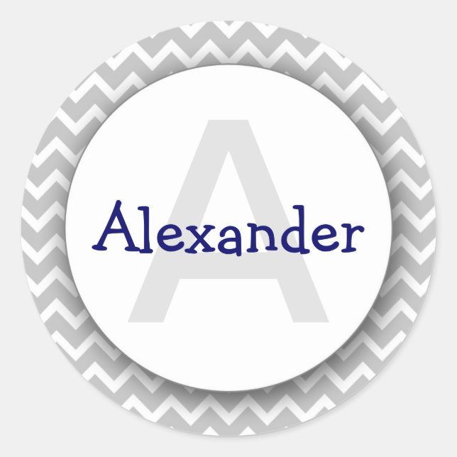 Chevron Monogram Bookplate Sticker gray navy (Front)