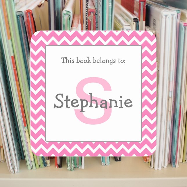 Chevron Monogram Bookplate Sticker pink and gray (Creator Uploaded)