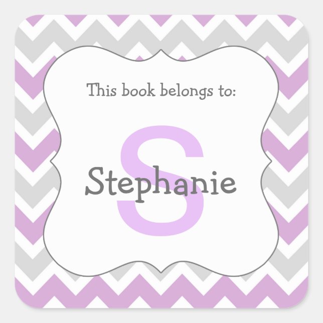 Chevron Monogram Bookplate Sticker purple gray (Front)