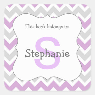 Chevron Monogram Bookplate Sticker purple gray