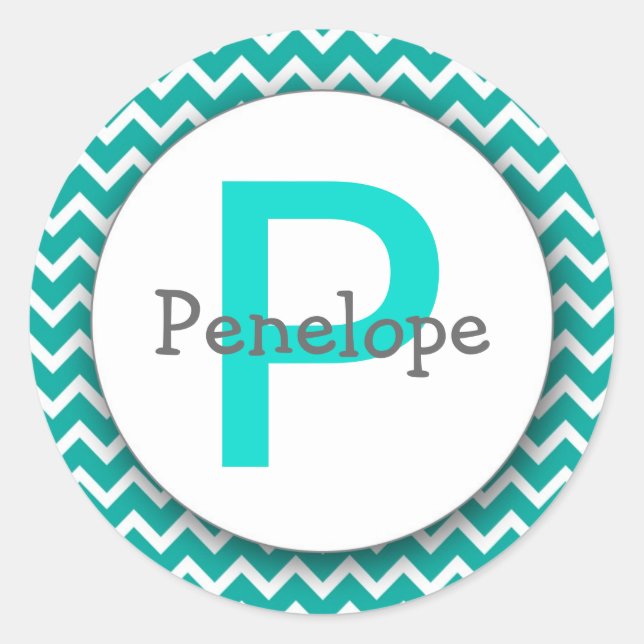Chevron Monogram Bookplate Sticker turquoise blue (Front)