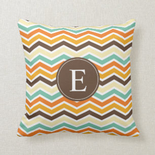 Chevron Monogram Brown Orange Turquoise Throw Pillow