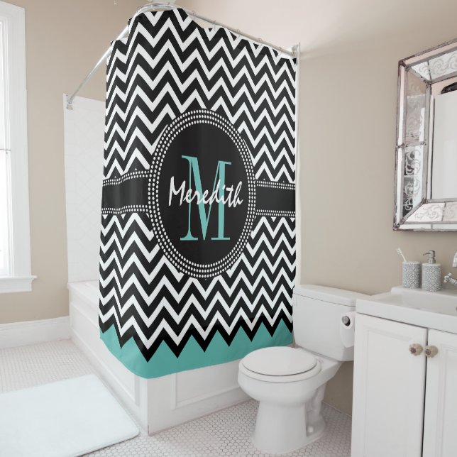 Chevron Monogram Classic Sea Green Shower Curtain (In Situ)