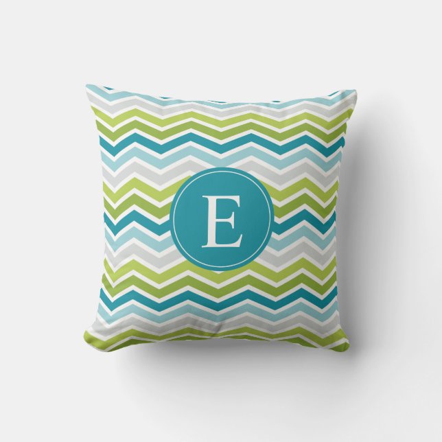 Chevron Monogram Green Blue Throw Pillow (Front)