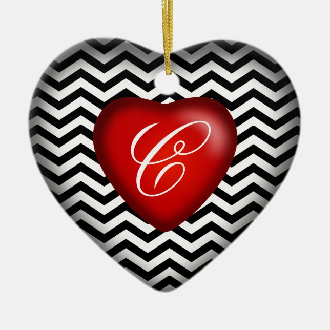 Chevron Monogram Heart | black white red Ceramic Ornament (Front)