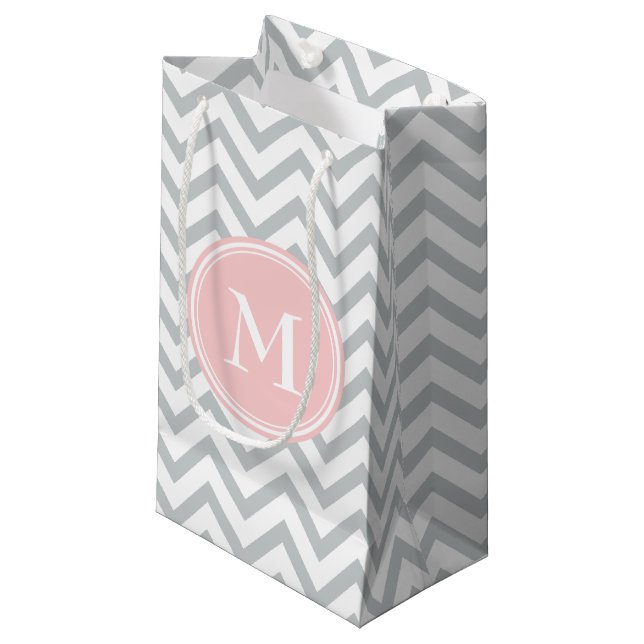 Chevron Monogram Pink and Gray Small Gift Bag (Front Angled)