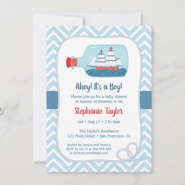 Chevron Nautical Ship in Bottle Baby Shower Invitation (Front)