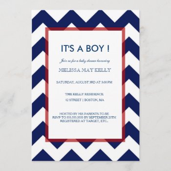 Chevron Navy & Red Nautical Baby Shower Invitation by CleanGreenDesigns at Zazzle