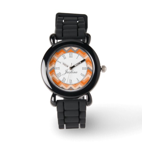 Chevron orange and grey print name wrist watch