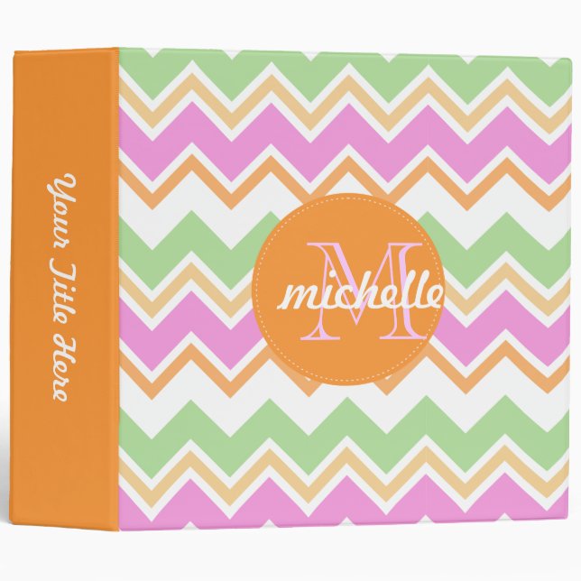 Chevron Orange Pink Green Monogram Circle Stitch Binder (Front/Spine)