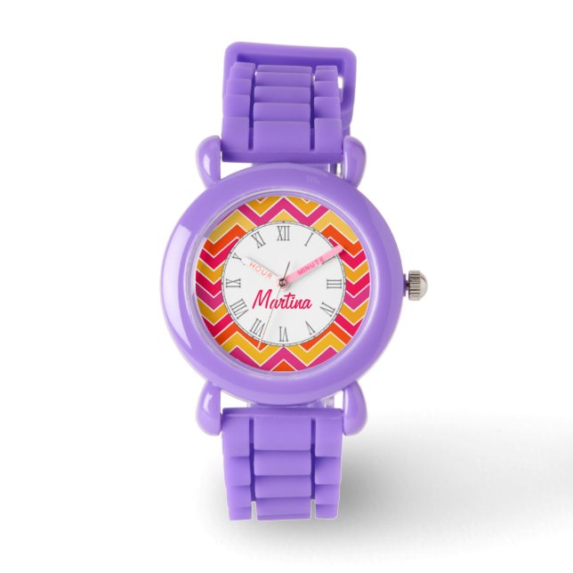 Chevron orange, pink & red print name wrist watch (Front)