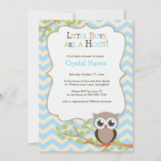 Chevron Owl Themed Baby Shower Invitations - Boy (Front)