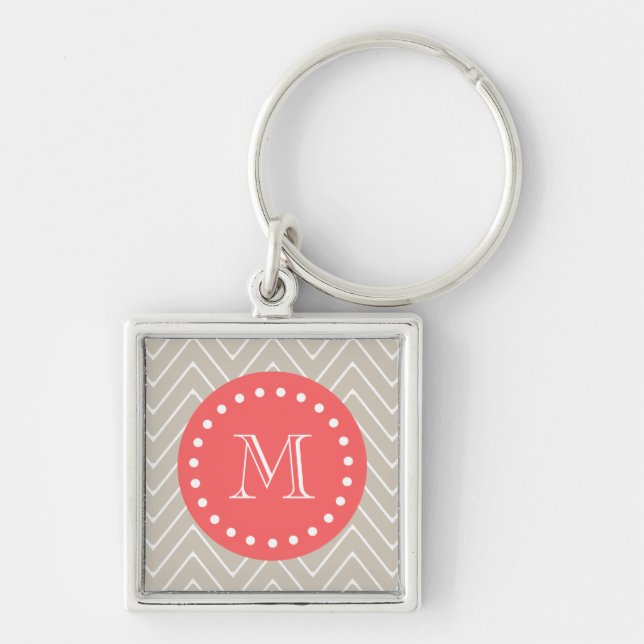Chevron Pattern 2A Monogram Beige Coral Keychain (Front)