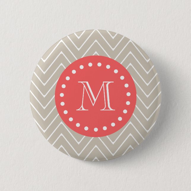 Chevron Pattern 2A Monogram Beige Coral Pinback Button (Front)