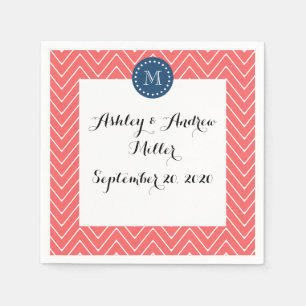 Chevron Pattern 2A Monogram Coral, Navy Blue Paper Napkins