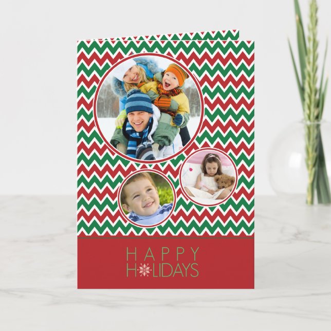 Chevron Pattern Family Holiday Card (red/green) (Front)