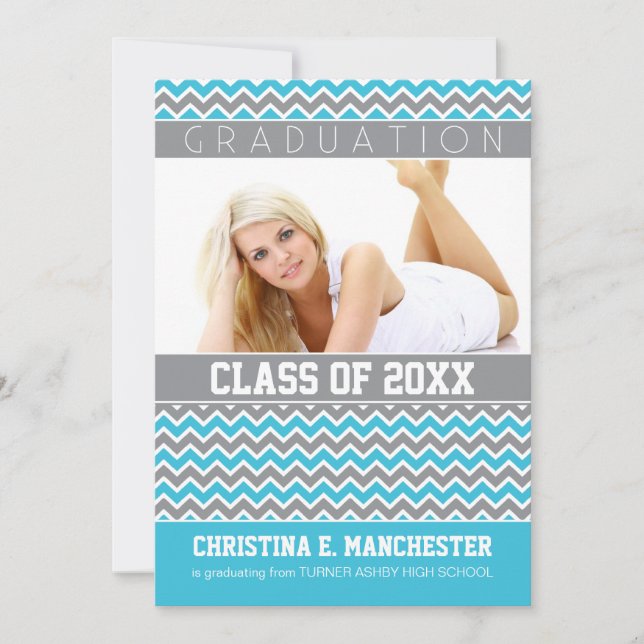Chevron Pattern Graduation Announcement (aqua) (Front)