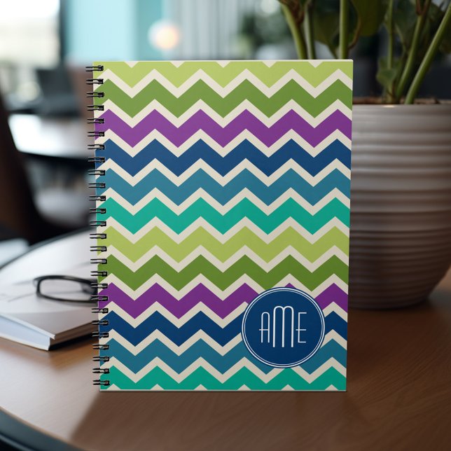 Chevron Pattern in Peacock Colors Custom Monogram Notebook (Personalized notebook )