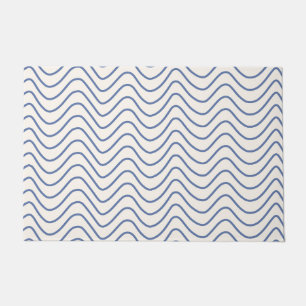 Chevron Pattern Minimal Line Blue on Cream White Doormat