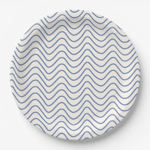 Chevron Pattern Minimal Line Blue on Cream White Paper Plates