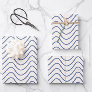 Chevron Pattern Minimal Line Blue on Cream White Wrapping Paper Sheets