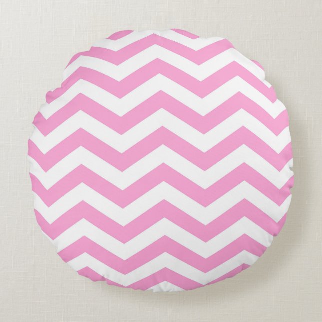 Chevron Pattern Pink and White Round Pillow (Front)