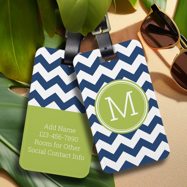 Chevron Pattern Single Monogram - Navy Lime Luggage Tag (Add a monogram and contact information to this custom luggage tag)