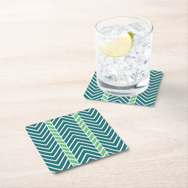 Chevron Pattern Teal Square Paper Coaster (Insitu)