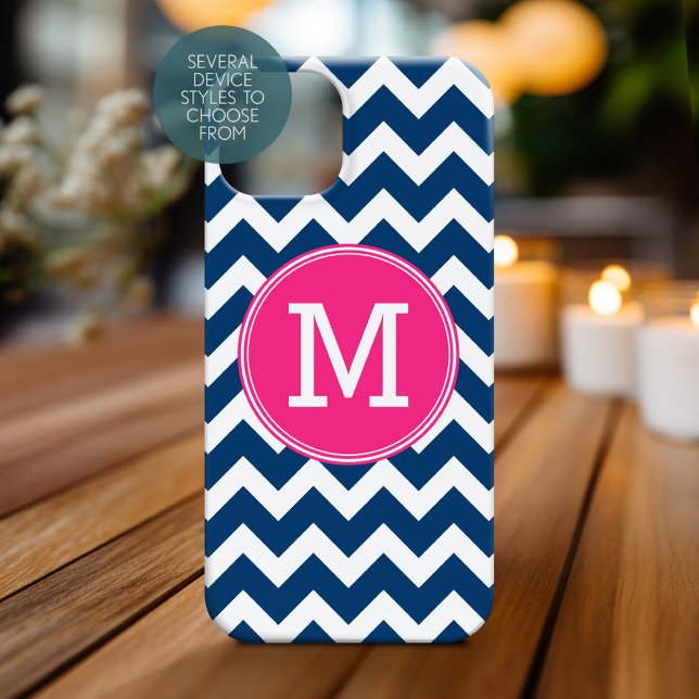 Chevron Pattern Triple Monogram - Navy Magenta Case-Mate iPhone Case (Personalized Phone Case with Monogram)