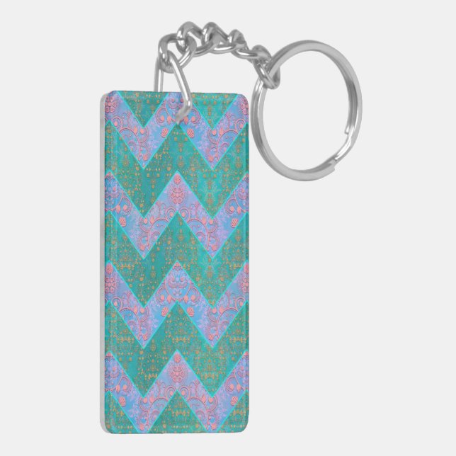 Chevron Pattern Turquoise Purple Blue Damask Keychain (Back Left)