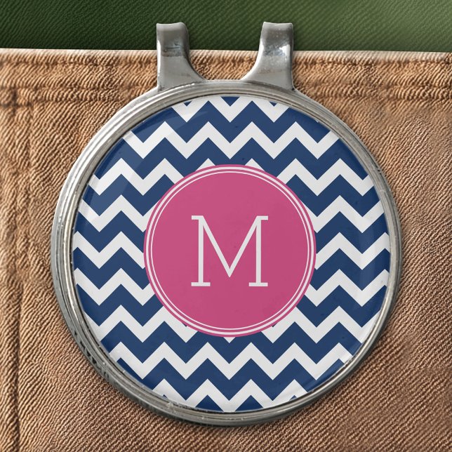 Chevron Pattern with Monogram - Navy Hot Pink Golf Hat Clip (Custom Golf Hat Clip)