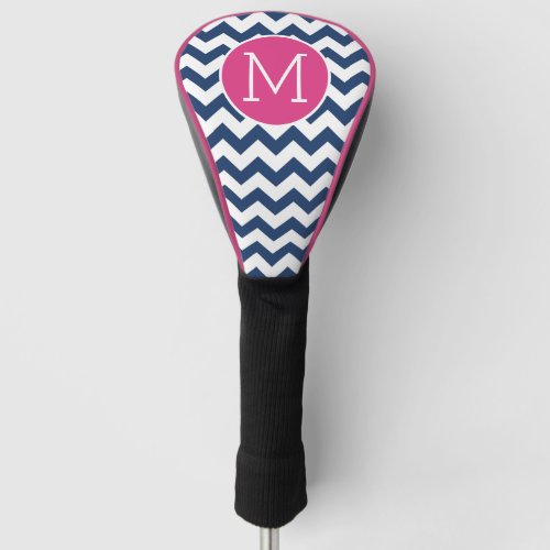 Chevron Pattern with Monogram _ Navy Hot Pink Golf Head Cover