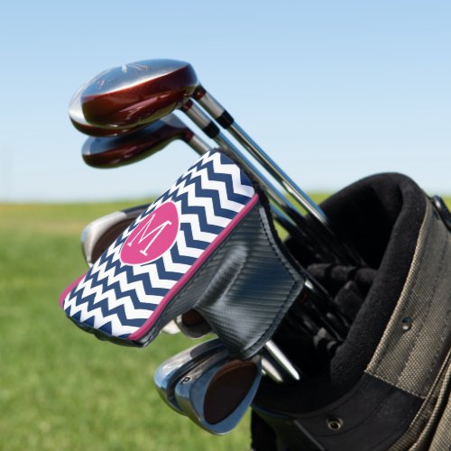 Chevron Pattern with Monogram _ Navy Hot Pink Golf Head Cover