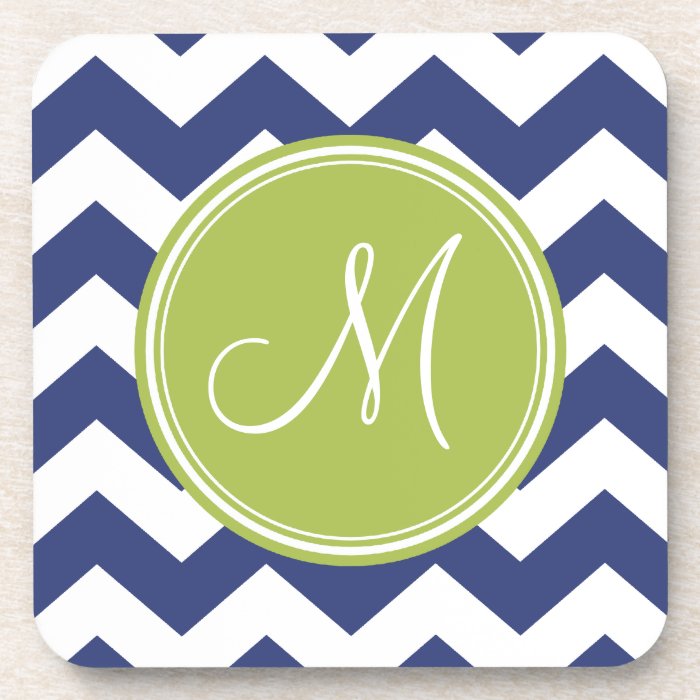 Chevron Pattern with Monogram   Navy Lime Drink Coasters