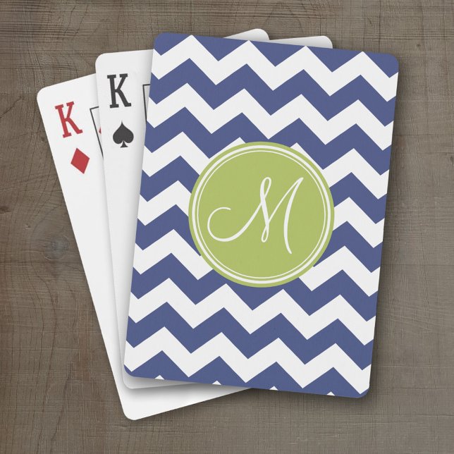 Chevron Pattern with Monogram - Navy Lime Poker Cards (Personalized Playing Cards)