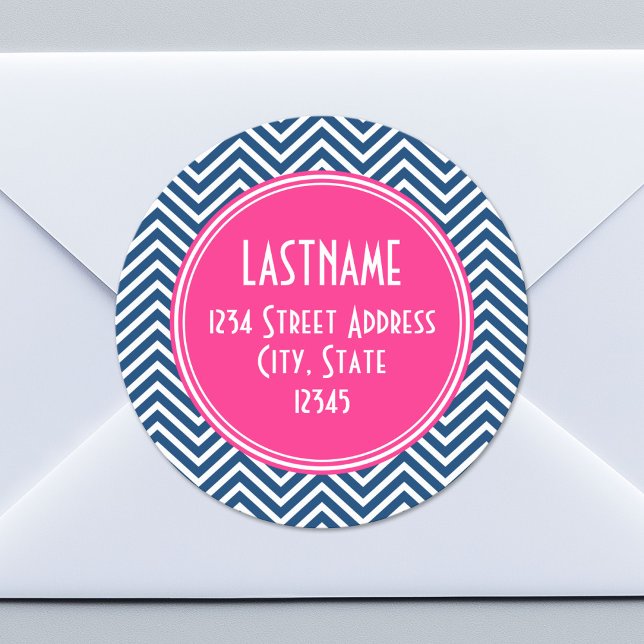 Chevron Pattern with Monogram - Navy Magenta Classic Round Sticker (Custom Return Address Sticker)
